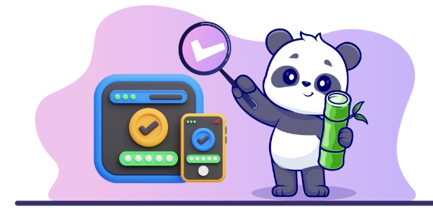 Happy panda cartoon character enjoying the benefits of secure devices, with a computer, a smartphone, and a magnifying glass with a checkmark.