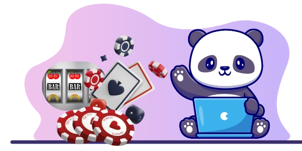 Happy panda cartoon character enjoying the excitement of online casinos, with a laptop, playing cards, and casino chips.