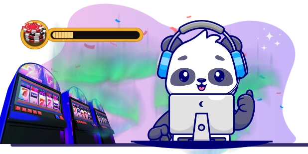 Playful panda cartoon offering online casino support, with headphones and a computer.