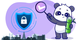 A cute panda holding a bamboo stick and a magnifying glass with a checkmark. A shield with a lock icon is in the background.