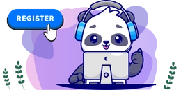 Panda with headphones using laptop, register button