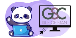 A cute panda is sitting on a laptop, waving. Next to it, there is a computer screen with the text "GSC" and "Isle of Man". A cursor is hovering over the screen.