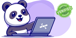 A cute panda is smiling and pointing at a laptop screen with a bamboo symbol. A "VERIFIED" stamp is in the background.