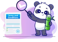 Panda holding a magnifying glass with a checkmark and a piece of bamboo. There is a document titled 