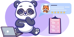 A happy panda wearing glasses, sitting on the floor with a laptop. A speech bubble shows a five-star review from a red panda. A clipboard with a checklist is in the background.