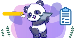 Panda holding a clipboard. There is a yellow banner with a mouse click and checklist with checkmarks.