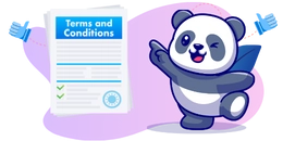 A cute panda is winking and pointing towards a document titled "Terms and Conditions". There are two thumbs-up icons in the background.