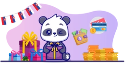 Panda with a gift box, surrounded by Slovak flags, gift boxes, and payment symbols like credit cards and coins.