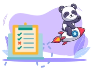 A cute panda riding a rocket, with a checklist in the background.