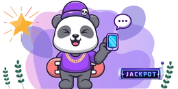 A cool panda wearing a beanie, a gold chain, and holding a skateboard. The panda is smiling and holding a smartphone with a speech bubble. There is a "JACKPOT" sign in the background.