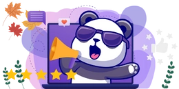 A cool panda wearing sunglasses, holding a megaphone and popping out of a laptop screen. There are stars and thumbs-up icons in the background.