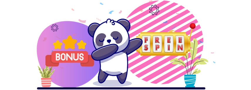 Cute panda cartoon character dabbing and holding a free spin slot machine, celebrating a bonus win.