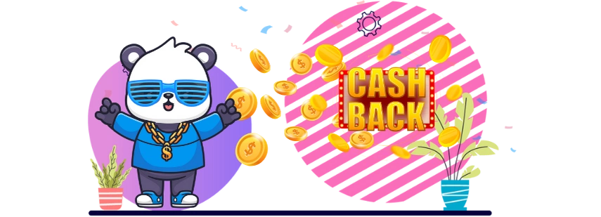 Happy panda cartoon character celebrating a cashback reward, with sunglasses, a gold chain, and falling coins.