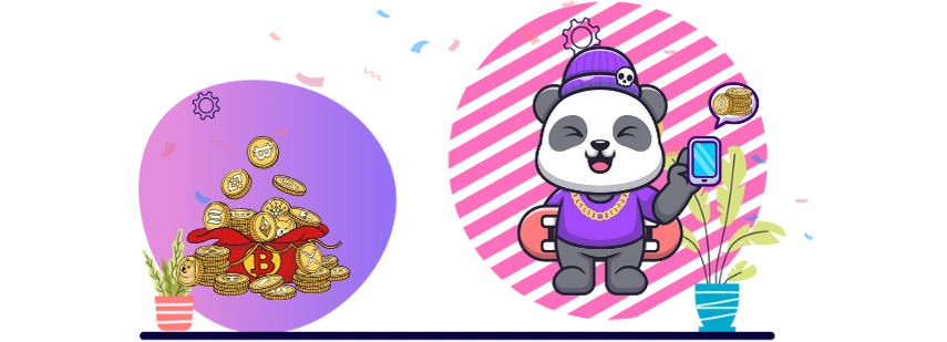 Happy panda cartoon character enjoying the benefits of cryptocurrency, with a smartphone, a beanie, and Bitcoin symbols.