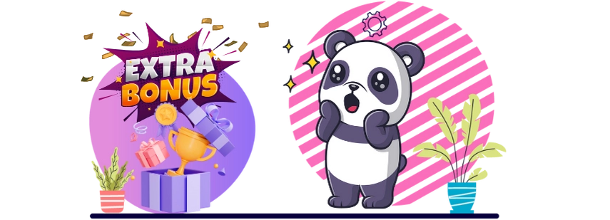 Happy panda cartoon character enjoying a casino bonus, with a trophy and gift box.