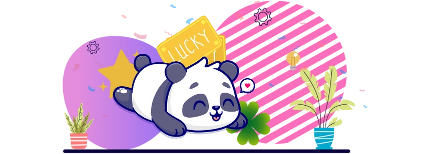 Happy panda cartoon character dreaming of luck, with a lucky ticket, clover leaf, and star.