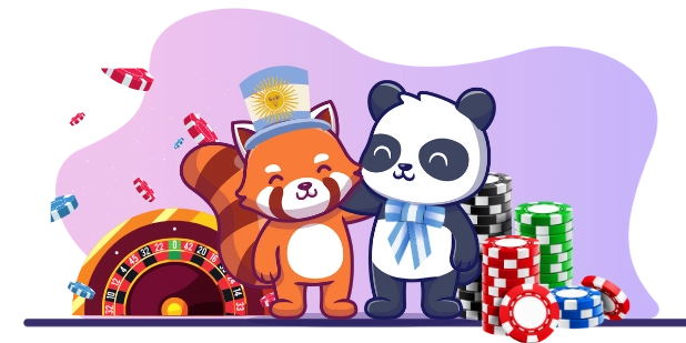 Two cute cartoon animals, a panda and a red panda, celebrating with casino chips and the Argentinian flag, suggesting a focus on online casinos in Argentina.