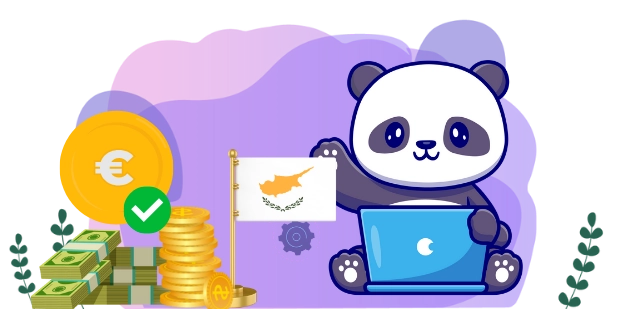 Cute panda cartoon character holding a Cyprus flag, sitting next to a laptop, coins, and a Euro symbol, suggesting a focus on online payments and transactions in Cyprus.