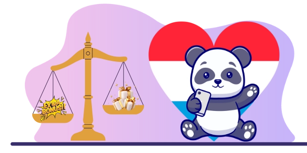 Happy panda cartoon character enjoying a fair and responsible gaming experience, with a scale, gifts, and the Luxembourg flag.