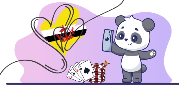 Cute panda cartoon character taking a selfie with a smartphone, with the Brunei flag in the background and playing cards and chips, suggesting a love for online casinos in Brunei.