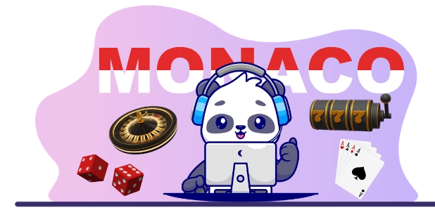 Cute panda cartoon character wearing headphones, using a laptop with a roulette wheel, dice, playing cards, and a slot machine in the background, suggesting a focus on online casino games in Monaco.