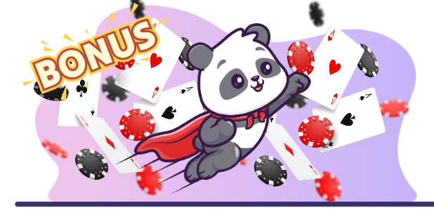 Playful panda superhero celebrating a casino bonus, with playing cards, casino chips, and a "BONUS" sign.