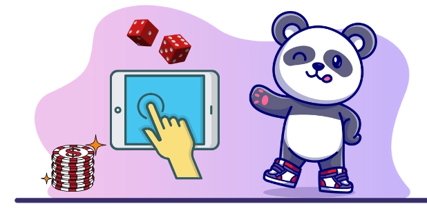 Playful panda cartoon promoting mobile casino gaming, with a tablet, dice, and casino chips.