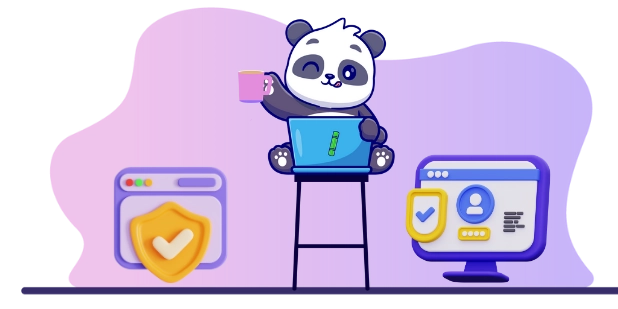 Happy panda cartoon character enjoying a secure online experience, with a laptop, a coffee mug, and a shield icon.