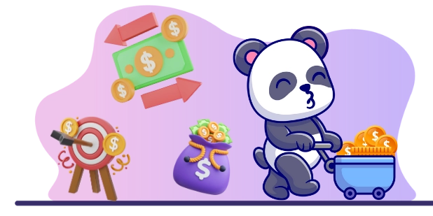 Cute panda cartoon character pushing a cart full of coins, with a money bag, a dartboard with dollar signs, and a money exchange symbol, suggesting a focus on financial transactions and wealth.