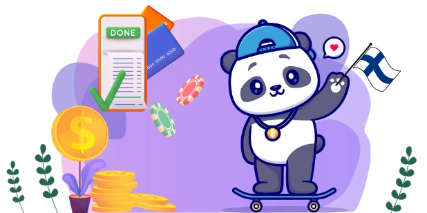 A cute cartoon panda wearing a blue cap stands on a skateboard, waving a small Finnish flag. Nearby, there are casino chips, a stack of gold coins, and a checklist marked "DONE."