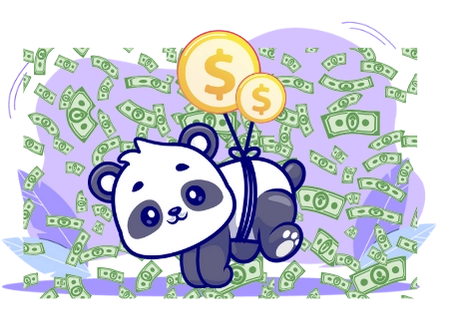 Cute panda cartoon character floating with dollar sign balloons, surrounded by falling money, suggesting a focus on financial success and prosperity.