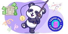 A cute panda fishing for a gold coin. There is a bank building, a money bag, credit cards, and a "Terms and Conditions" stamp in the background.