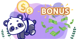 Panda with dollar balloons, money falling, bonus text