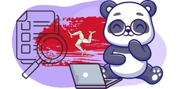 A cute panda wearing glasses is sitting on a laptop, smiling. In the background, there's a magnifying glass over a document with the Isle of Man flag.