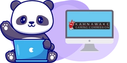 A cute panda is sitting on a laptop and waving. A computer screen with the Kahnawake Gaming Commission logo is in the background.