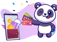 A cute panda is winking and holding a stack of credit cards. A smartphone with a wallet and coins is in the background.