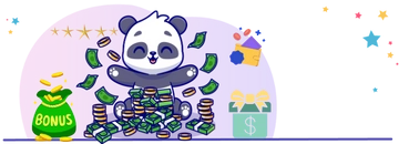 Panda sitting in a pile of money, with a bonus sign and gift box nearby.