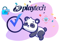 A cute panda sleeping next to a large checkmark and a padlock with a keyhole. The Playtech logo is in the background.