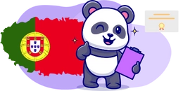 A happy panda winking and giving a thumbs up, holding a clipboard. The Portuguese flag is in the background with a certificate.