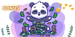 A cute panda sitting on a pile of money, with money falling from the sky. The word "BONUS" is in the top left corner.