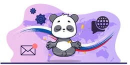 Panda meditating, with communication symbols like email, chat, and a globe in the background.