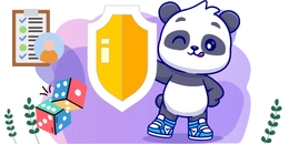 A happy panda winking and holding a shield. There's a checklist and dice in the background.