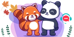 A panda and a red panda standing together, smiling. There is a headset icon in the background.