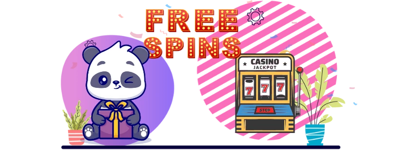 Cute panda cartoon character holding a gift next to a slot machine with free spins and a jackpot sign.