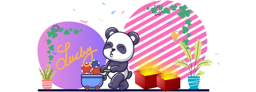 Cute panda cartoon character pushing a cart with a slot machine, surrounded by lucky symbols and gold bars, suggesting a lucky win.