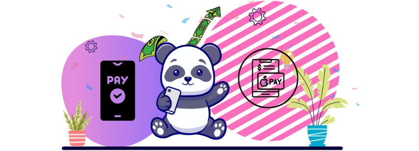 Playful panda cartoon making a mobile payment, with a smartphone and a "PAY" button.