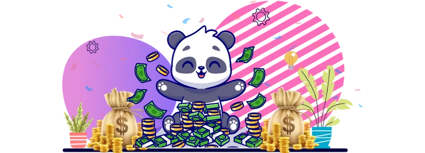 Cute panda cartoon character sitting on a pile of money, with money falling from the sky, suggesting financial success and wealth.