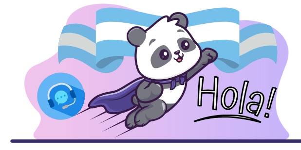 Cute panda cartoon character wearing a superhero cape, flying with the Argentinian flag in the background and saying "Hola!", suggesting a focus on customer support and service.