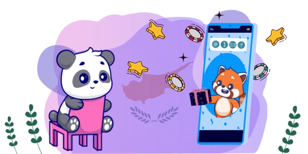 Happy panda cartoon character enjoying a casino promotion, with a smartphone and a red panda holding a gift box.