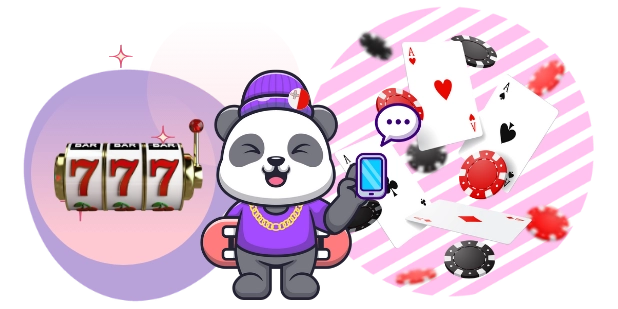 Playful panda cartoon enjoying mobile casino games, with a smartphone, playing cards, and a slot machine.